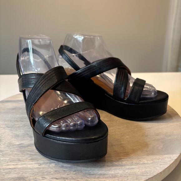 Coclico Black Leather Wedge Sandals Women’s 37 Platform Slingback Made in Spain - Picture 1 of 11